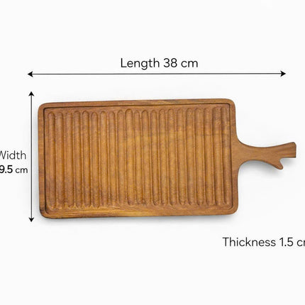 Rectangular wavy redwood serving tray with handles for elegant dining and food presentation.