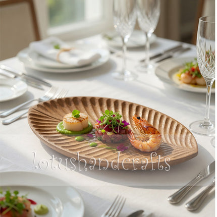 Handcarved redwood leaf serving platter for coffee, desserts, plating, home decor, and flatlay styling.