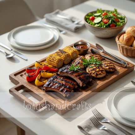 Handcrafted redwood chopping board with handle made from safe natural wood for everyday use.