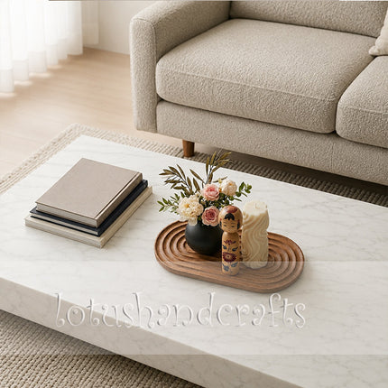Cute small Ripple Oval Redwood Tray with smooth natural wood grain and elegant handcrafted curves.