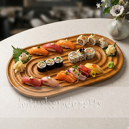 Ripple oval wooden serving tray styled in a warm flatlay for coffee and cozy living spaces.