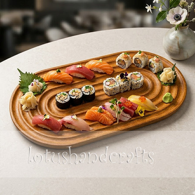Ripple oval wooden serving tray styled in a warm flatlay for coffee and cozy living spaces.