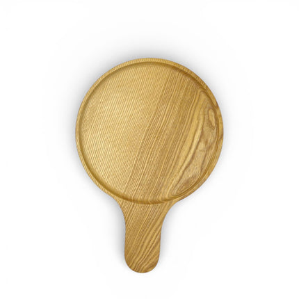 Cute round ashwood serving tray with paddle handle for coffee, snacks, and cozy table decor.