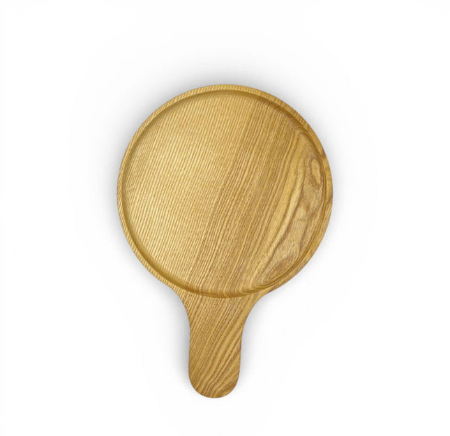 Cute round ashwood serving tray with paddle handle for coffee, snacks, and cozy table decor.