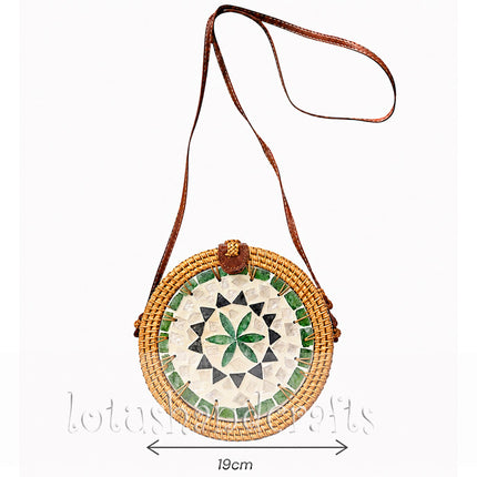 Womens Round Rattan Crossbody Bag - Mother Of Pearl & Green Flower Mosaic, Boho Style by Lotushandcrafts