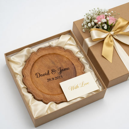 Handcrafted scalloped wood charger plate makes a thoughtful and elegant gift.