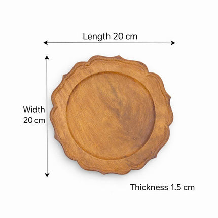 Handcrafted scalloped wood charger plate with a beautifully balanced and practical size.