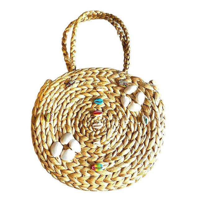 Handwoven Round Water Hyacinth Tote Bag with Seashell Embellishments by lotushandcrafts.