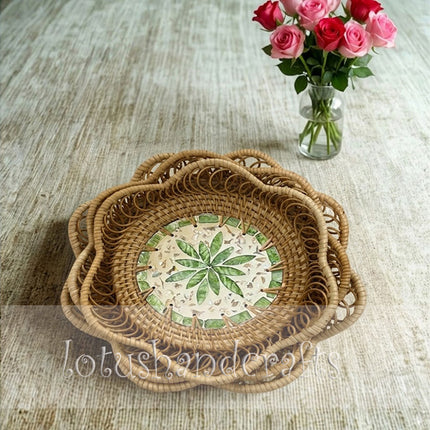 Handmade Rattan Tray Set with Mother of Pearl Floral Mosaic Inlay by Lotushandcrafts.