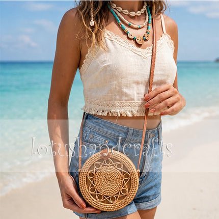 Eco friendly boho rattan round shoulder purse for women with a stylish handwoven beach design.