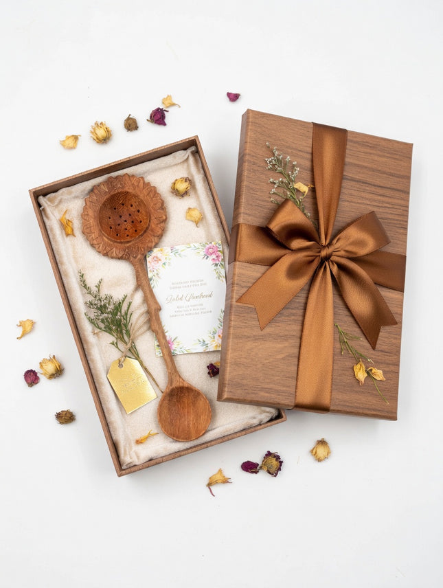 Handcrafted sunflower wooden slotted duo spoon is a cute and thoughtful gift choice.