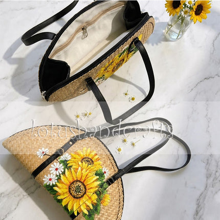 Handicraft Woven Grass Half-Moon with Sunflowers by Lotushandcrafts