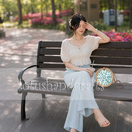 Handcrafted Round Rattan Bag With Mother Inlay with Teal Floral Pearl Mosaic - Boho Style by LotusHandcrafts