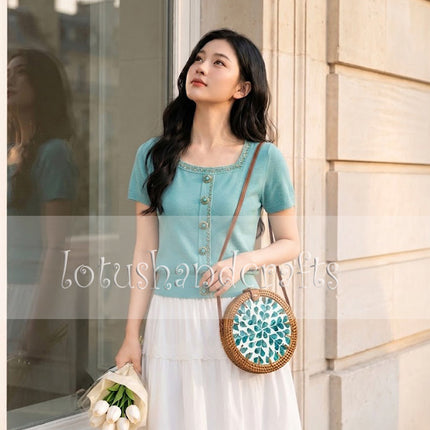Handcrafted Round Rattan Bag With Mother Inlay with Teal Floral Pearl Mosaic - Boho Style by LotusHandcrafts