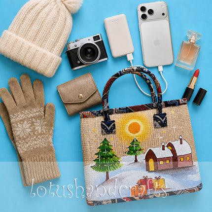 Handmade woven seagrass tote bag with a delicate snowy Christmas village painting.