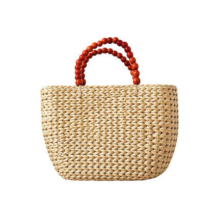 Handwoven Water Hyacinth Tote Bag with Wooden Bead Handles by Lotushandcrafts.