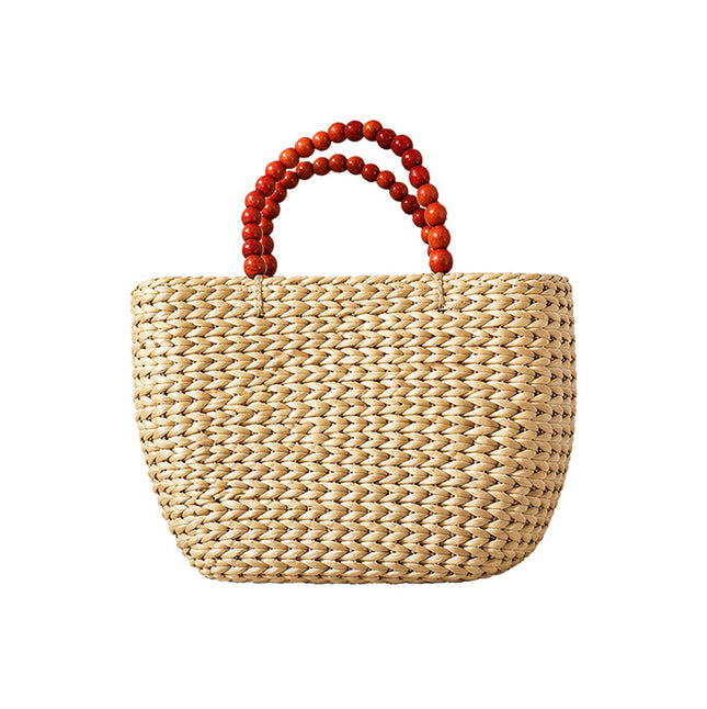 Handwoven Water Hyacinth Tote Bag with Wooden Bead Handles by Lotushandcrafts.