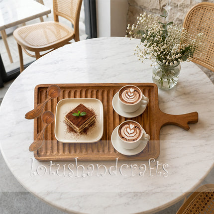 Rectangular redwood serving tray with handles and high durability for elegant everyday dining.