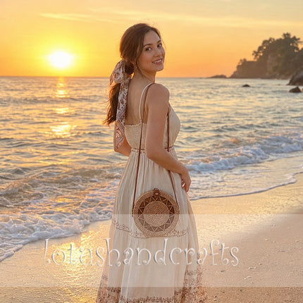 Youthful handwoven round rattan crossbody bag for everyday boho style.