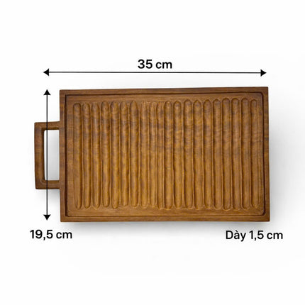 Handcrafted redwood chopping board with handle in a practical size for serving and display.