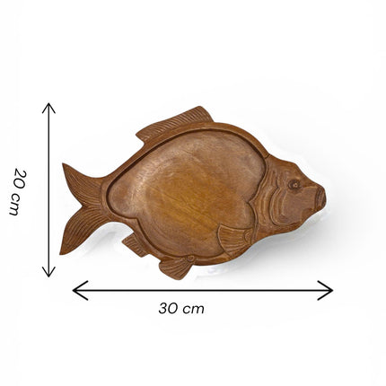 Handcrafted wooden fish shape serving tray with practical size for everyday use.