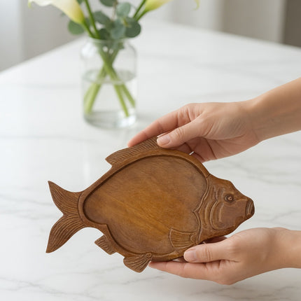 Handcrafted wooden fish shape serving tray made from natural wood for elegant everyday use.