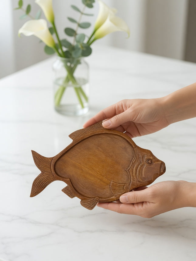Handcrafted wooden fish shape serving tray made from natural wood for elegant everyday use.
