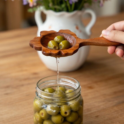Handcrafted wooden flower slotted spoon is cute and safe for everyday use.