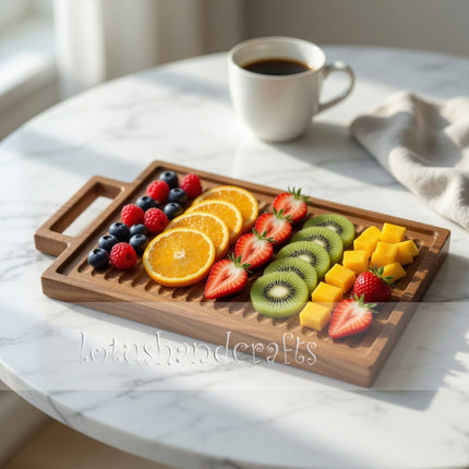 Handcrafted redwood chopping board with handle for beautiful food plating and elegant everyday serving.
