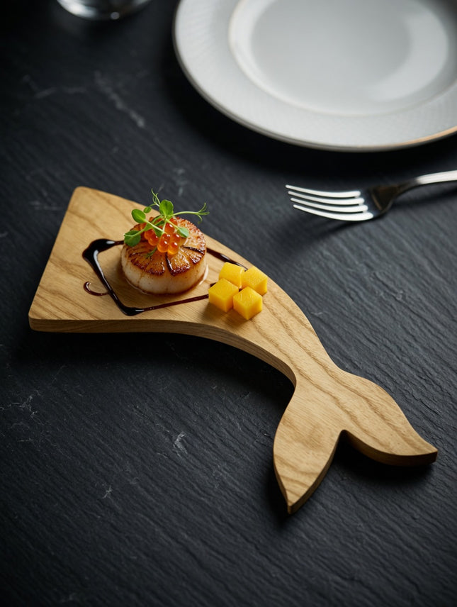 Handcrafted wooden whale tail shape tray for elegant plating and beautifully styled food presentation.