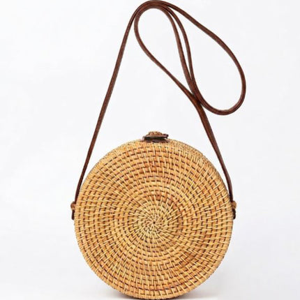 Intricate braided mandala round rattan crossbody bag back view.