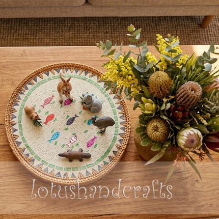 cute Mother of Pearl Rattan Round Tray, Serving Tray & Charger Plate with Fish Mosaic.