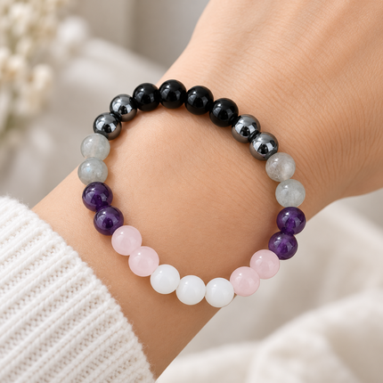 Rose Quartz, Clear Quartz & Amethyst Beaded Bracelet approx 18–18.5 cm