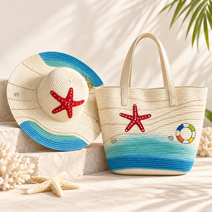 Straw Hat & Tote Bag Set – Starfish & Lifebuoy Print