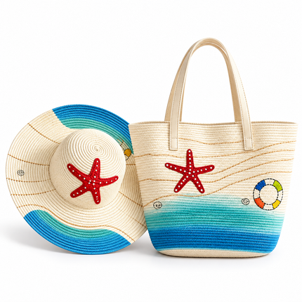 Straw Hat & Tote Bag Set – Starfish & Lifebuoy Print