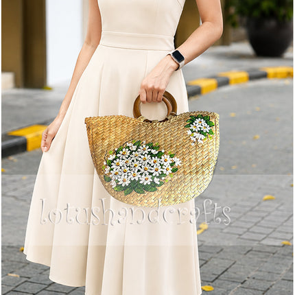 andwoven seagrass tote bag with a beautiful hand painted white daisy bouquet.