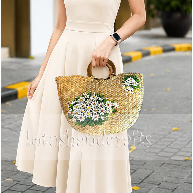 andwoven seagrass tote bag with a beautiful hand painted white daisy bouquet.