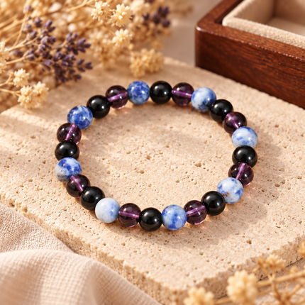Blue Lace Agate & Black Agate Natural Stone Bracelet approx 18–18.5 cm