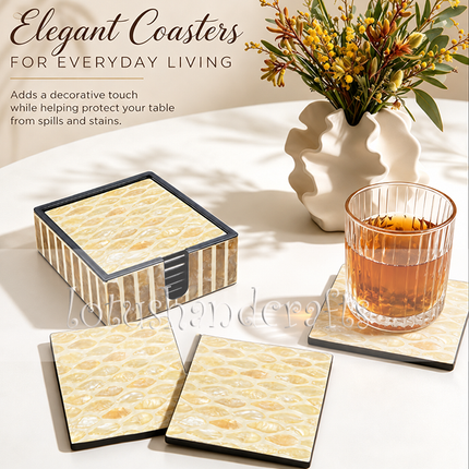 Shimmering champagne-gold shell inlay adds a luxurious touch to coffee tables, side tables, and elegant living spaces.