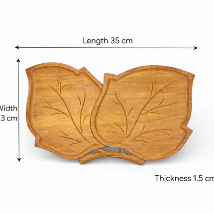 Handcrafted double leaf shaped wooden serving tray in a practical size for everyday use.