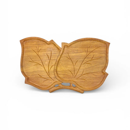 Handcrafted double leaf shaped wooden serving tray with a cute and charming design.