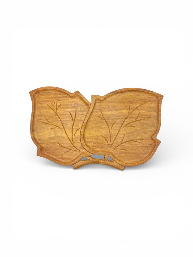 Handcrafted double leaf shaped wooden serving tray with a cute and charming design.
