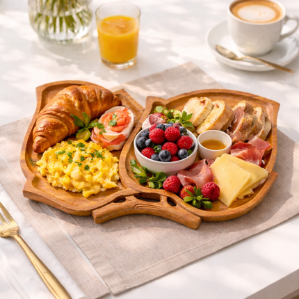Handcrafted double leaf shaped wooden serving tray easy to clean and practical.