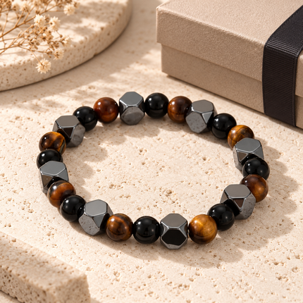 Tiger’s Eye, Black Agate & Hematite Natural Stone Bracelet approx 18–18.5 cm