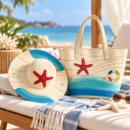 Straw Hat & Tote Bag Set – Starfish & Lifebuoy Print
