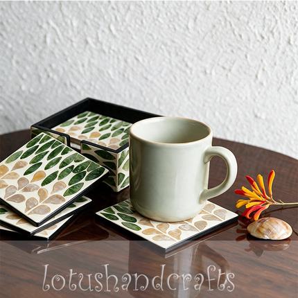 square mother of pearl coasters- green leaf pattern, non-absorbent, complete set.
