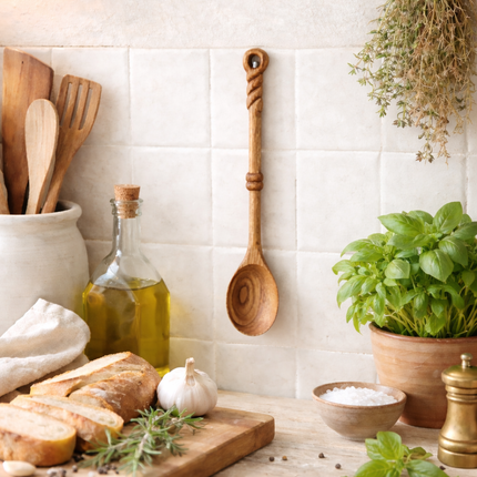 Handmade timber taste round bowl wooden spoon decor brings natural warmth and elegant handcrafted style to modern kitchen spaces and home interiors.