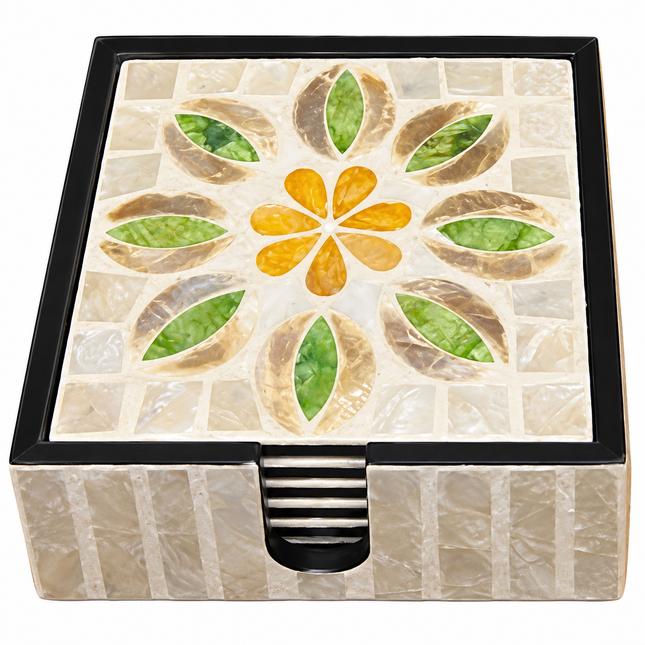 Top-angle view of the square mother-of-pearl mosaic storage box housing the 6-piece green leaf and yellow floral inlay coasters.