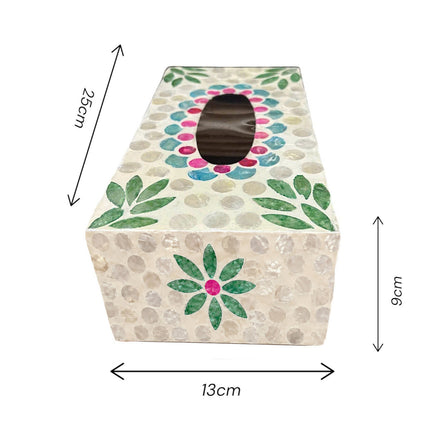 rectangular tissue box illustrating the precise dimensions of 25cm in length, 13cm in width, and 9cm in height.