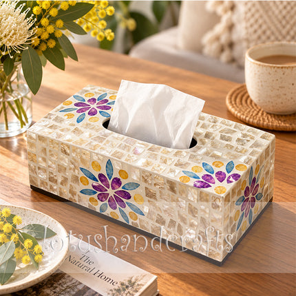 Beautiful handcrafted flower patterns add an artistic and charming touch to the tissue box.